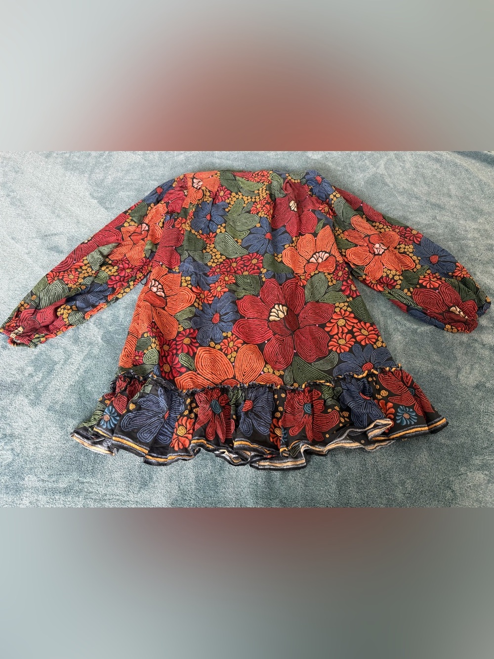 Farm Rio Black Stitched Flowers Long Sleeve Mini Dress Size M Boho Fall Colors - Picture 9 of 9